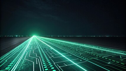 Poster - a futuristic highway illuminated by neon green circuit board lines under a starry night sky