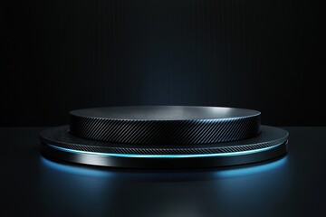Poster - futuristic podium made of carbon fiber displayed on matte black platform under focused light
