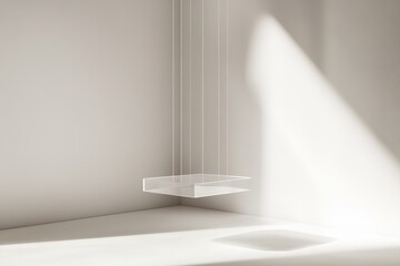 Poster - transparent podium suspended mid-air with soft directional lighting against plain white backdrop