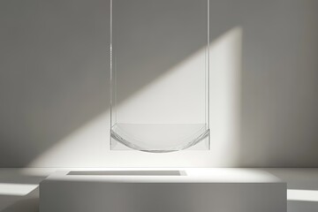 Poster - transparent podium suspended mid-air with soft directional lighting against plain white backdrop