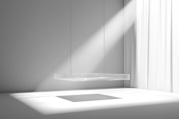 Poster - transparent podium suspended mid-air with soft directional lighting against plain white backdrop