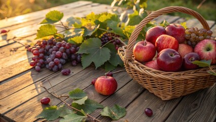 Poster - A basket overflowing with red apples and grapes rests on a rustic wooden table, bathed in the warm glow of the setting sun.