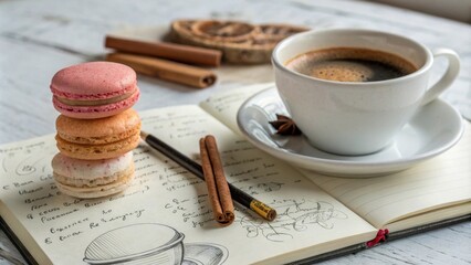 Aufkleber - A stack of colorful macarons on a notebook with a cup of coffee and cinnamon sticks beside it.