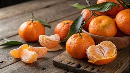 Poster - A bowl full of bright orange mandarins with leaves and some peeled segments on a wooden table