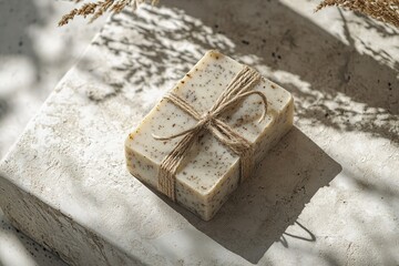 Poster - handcrafted soap bar tied with jute twine placed on clean stone slab under natural light