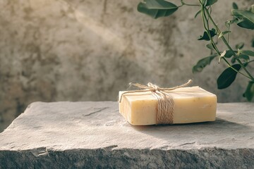 Poster - handcrafted soap bar tied with jute twine placed on clean stone slab under natural light