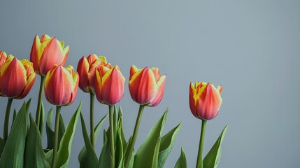 Aufkleber - Bright tulips arranged in a geometric pattern against a soft gray background, close-up shot, Minimalist style