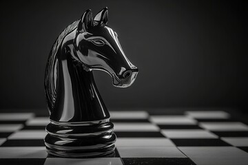 Poster - glossy black chess knight standing alone on wooden chessboard under focused light