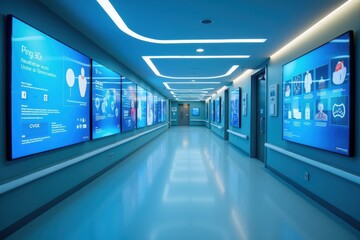 Poster - Modern Digital Healthcare Corridor Featuring Interactive Displays and Technology in a Medical Environment for Patient Engagement and Information Sharing
