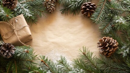 Poster - A simple Christmas gift wrapped in brown paper surrounded by evergreen branches and pinecones on a rustic background.