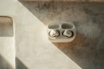 Poster - pair of wireless earbuds in their open charging case placed on simple concrete surface