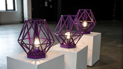 Poster - Three Geometric Lamps Cast Warm Light on White Pedestals in a Minimalist Interior