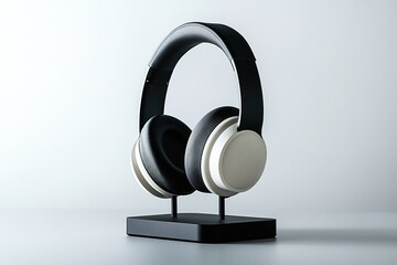 Poster - pair of wireless headphones resting on matte black stand under focused lighting