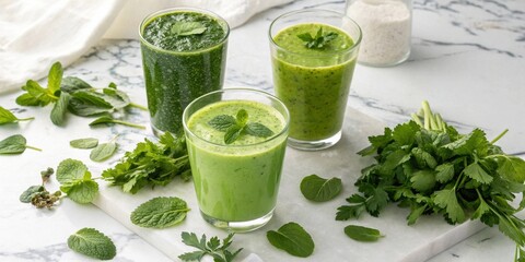 Poster - Green Smoothies with Fresh Herbs and a White Marble Background