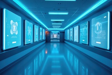 Poster - A Bright and Modern Healthcare Corridor with Neon Lighting and Advanced Medical Displays Showcasing Innovative Technology and Future Medical Concepts