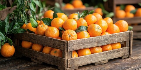 Ripe tasty tangerines with leaves in wooden box on table on green background, orange box on wooden table, Fresh with water droplets in wooden Clipping path