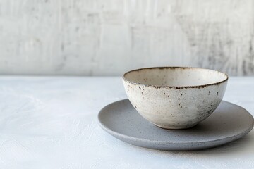 Poster - single handcrafted bowl placed on clean gray ceramic plate under soft natural light