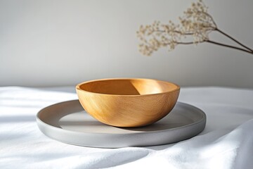 Poster - single handcrafted bowl placed on clean gray ceramic plate under soft natural light