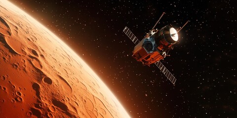 Poster - spacecraft approaching red planet with mars distinctive landscape visible providing ample space for textual information