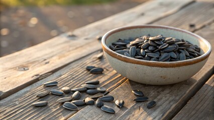 Poster - A bowl of sunflower seeds sits on a weathered wooden table, with a few seeds scattered around it, as the sun sets in the background.