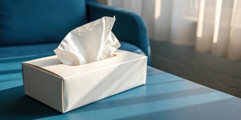 Poster - A white tissue box sits on a blue table in a room with a window letting in natural light.