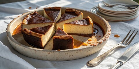 Wall Mural - A rustic earthenware plate filled with golden brown cheesecake slices, drizzled with a caramel sauce, and placed on a white linen tablecloth alongside a silver fork and knife.