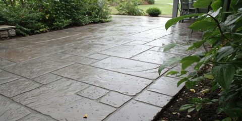 Poster - A freshly rained-on patio with an intricate stone pattern and a border of lush foliage.