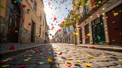 Leinwandbilder - A cobblestone street in a European town is covered in colorful petals, creating a vibrant and whimsical scene.