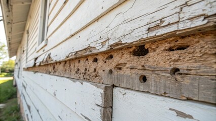 Poster - A Close-Up View of a Weathered Wooden Wall with Evidence of Termite Damage, Showing the Decay and Hollow Spaces Created by These Insects