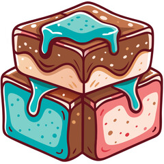  Colorful Melted Caramel Chocolate and Berry Jelly Cube Dessert Vector Illustration