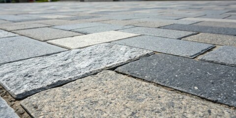Leinwandbilder - Close-up view of a textured stone walkway with a pattern of squares and rectangles, showcasing a variety of shades of grey and subtle variations in texture.