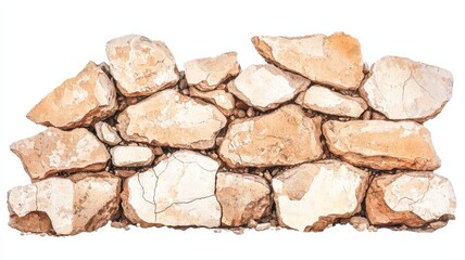 A rustic stone wall made of irregularly shaped light-colored rocks, showcasing natural textures and earthy tones.