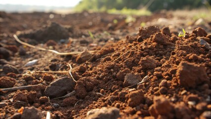 Aufkleber - Close-up view of rich brown soil with a shallow depth of field revealing the intricate texture of the earth in detail.