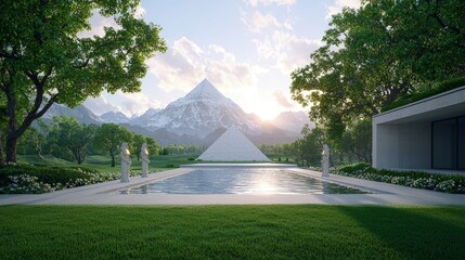 Canvas Print - Serene mountain view from modern home pool.