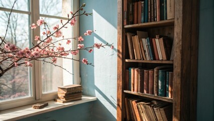 Poster - A delicate branch of blossoming flowers adorns a windowsill, casting delicate shadows on a wall lined with a bookshelf overflowing with vintage volumes.