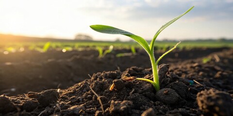 Aufkleber - A young plant seedling emerging from the rich brown soil, bathed in the golden light of the setting sun, symbolizing new life and growth.