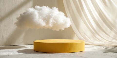 Aufkleber - A Minimalist Still Life Featuring a Yellow Cylinder Podium with a Suspended Cloud in a Softly Lit Interior