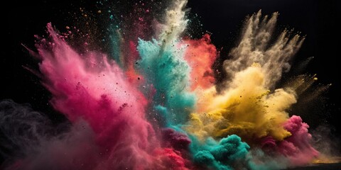 Poster - A Symphony of Color A vibrant explosion of pink, blue, yellow, and orange powder against a dark background, capturing the dynamic beauty of abstract art.