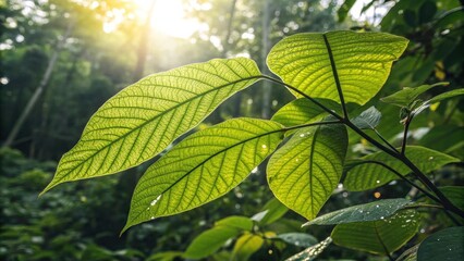 Poster - Sunlight filtering through vibrant green leaves, revealing intricate veins and a delicate balance of nature's artistry.