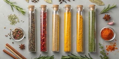 Aufkleber - A collection of dried herbs and spices in glass vials, arranged in a neat row on a grey background, showcasing a variety of colors and textures.