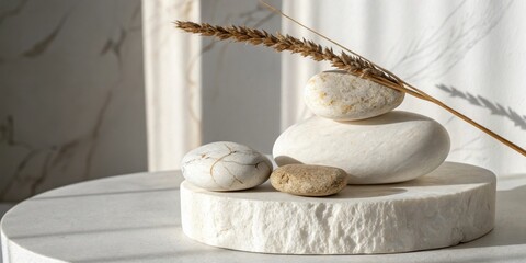 Aufkleber - Minimalist Still Life Featuring Stacked White Stones and a Dried Wheat Stem on a Marble Platform