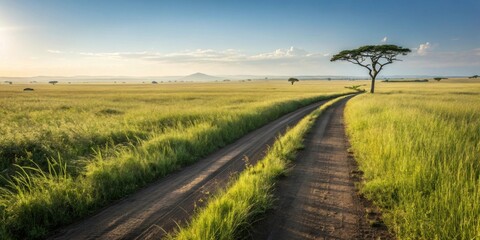 Aufkleber - A solitary tree stands tall along a winding dirt road that cuts through a vast expanse of grassy plains, bathed in the soft glow of the setting sun.