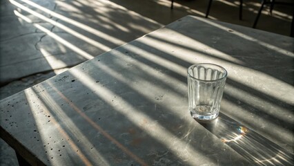Aufkleber - A single empty glass rests on a gray concrete surface, bathed in the warm glow of sunlight streaming through a window, casting long, parallel shadows across the table.