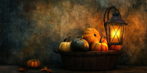 Wall Mural - Still Life: Pumpkins, Lantern, and Autumn Leaves