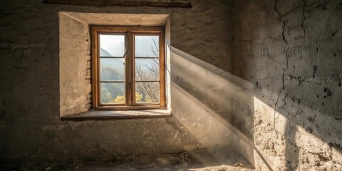 Aufkleber - Sunbeams streaming through a window in an old, abandoned room, illuminating the cracked and weathered walls