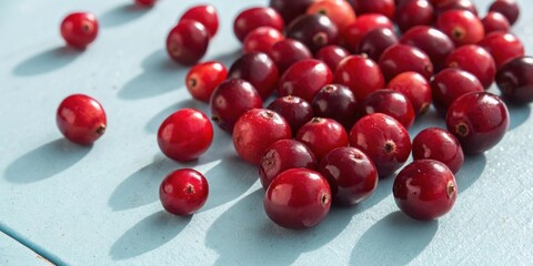 Poster - A scattering of vibrant red cranberries on a light blue surface, their smooth, glossy skin reflecting the sunlight