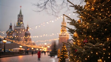 Poster - A festive Christmas tree adorned with twinkling lights stands tall against a backdrop of a bustling city square, where a blurred cityscape and twinkling lights create a magical atmosphere.