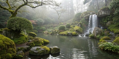 Aufkleber - A serene waterfall cascades into a tranquil pond surrounded by mossy rocks and lush greenery, creating a peaceful and captivating scene.