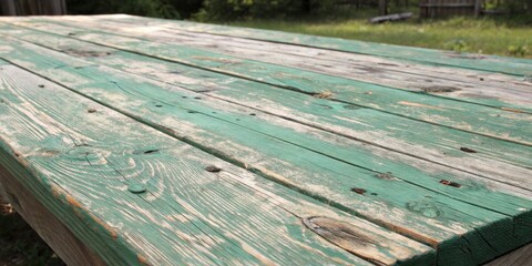 Aufkleber - A weathered, green wooden table surface shows the passing of time and many seasons of use.