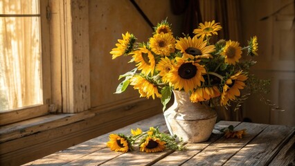 Wall Mural - A Rustic Still Life with a Bouquet of Sunflowers in a Clay Vase on a Weathered Wooden Table